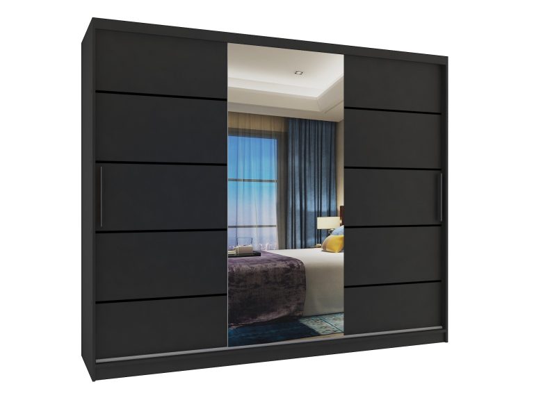 Armadio 235 cm Belini nero opaco con ante scorrevoli a specchio e cassetti Produttore MBP SZP8/0/1B/2B1L/0/KLP/