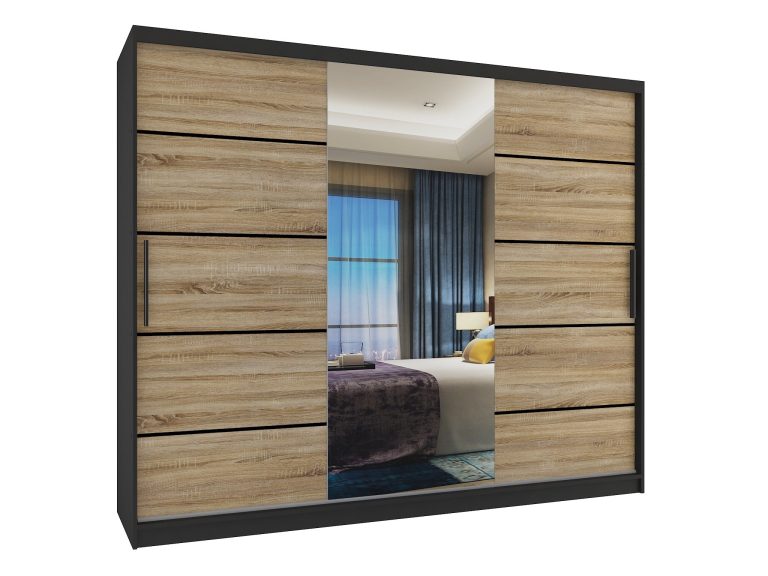 Armadio 235 cm Belini nero opaco / rovere sonoma con ante scorrevoli a specchio e cassetti Produttore MBP SZP8/0/1B/2DS1L/0/KLP