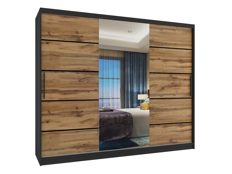 Armadio 235 cm Belini nero opaco / rovere wotan con ante scorrevoli a specchio e cassetti Produttore MBP SZP8/0/1B/2DW1L/0/KLP
