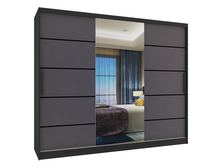 Armadio 235 cm Belini nero opaco / grigio opaco con ante scorrevoli a specchio e cassetti Produttore MBP SZP8/0/1B/2SR1L/0/KLP