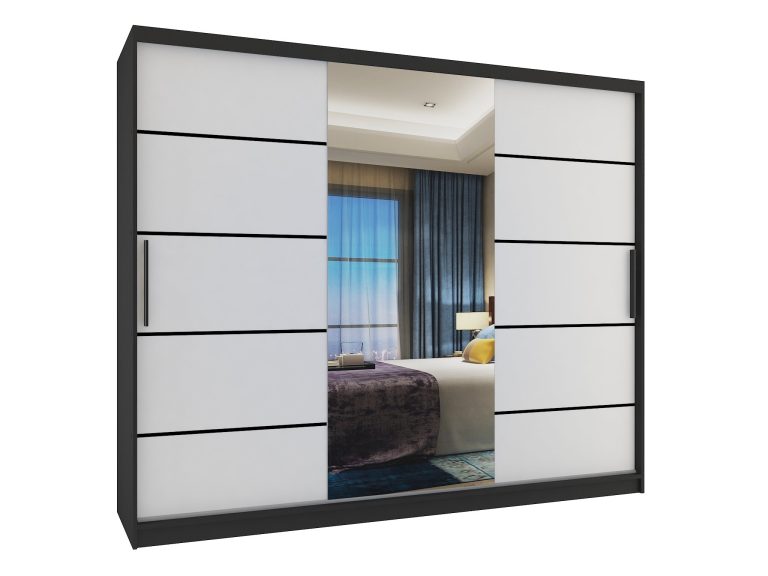 Armadio 235 cm Belini nero opaco / bianco opaco con ante scorrevoli a specchio e cassetti Produttore MBP SZP8/0/1B/2W1L/0/KLP