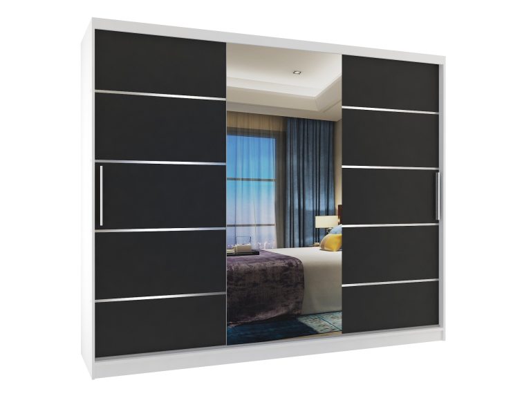 Armadio 235 cm Belini bianco opaco / nero opaco con ante scorrevoli a specchio e cassetti Produttore MBP SZP8/0/1W/2B1L/0/KLAL
