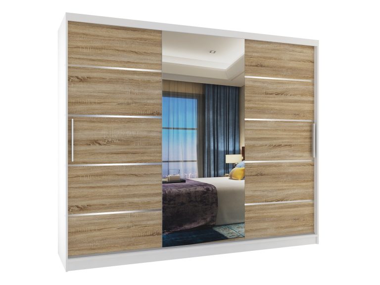 Armadio 235 cm Belini bianco opaco / rovere sonoma con ante scorrevoli a specchio e cassetti Produttore MBP SZP8/0/1W/2DS1L/0/KLAL