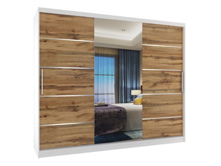 Armadio 235 cm Belini bianco opaco / rovere wotan con ante scorrevoli a specchio e cassetti Produttore MBP SZP8/0/1W/2DW1L/0/KLAL