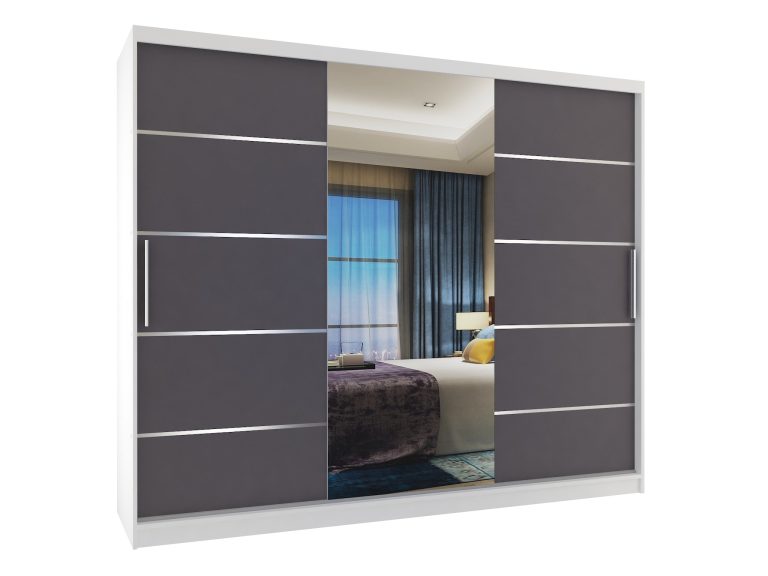 Armadio 235 cm Belini bianco opaco / grigio opaco con ante scorrevoli a specchio e cassetti Produttore MBP SZP8/0/1W/2SR1L/0/KLAL