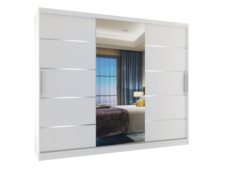 Armadio 235 cm Belini bianco opaco con ante scorrevoli a specchio e cassetti Produttore MBP SZP8/0/1W/2W1L/0/KLAL