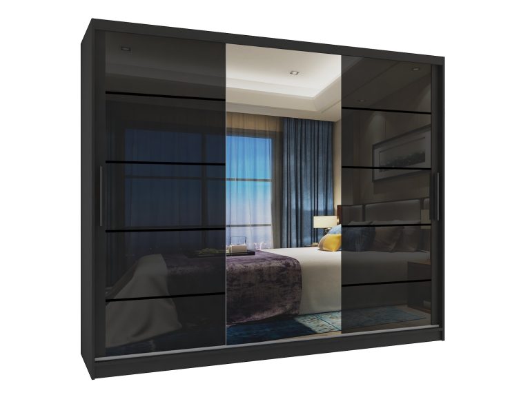 Armadio 235 cm Belini nero opaco / nero lucido con ante scorrevoli a specchio e cassetti Produttore MGB SZP8/0/B/2B1L/KLP