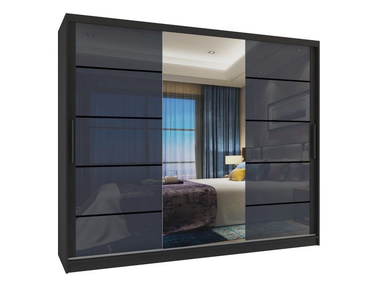 Armadio 235 cm Belini nero opaco / grigio lucido con ante scorrevoli a specchio e cassetti Produttore MGB SZP8/0/B/2S1L/KLP