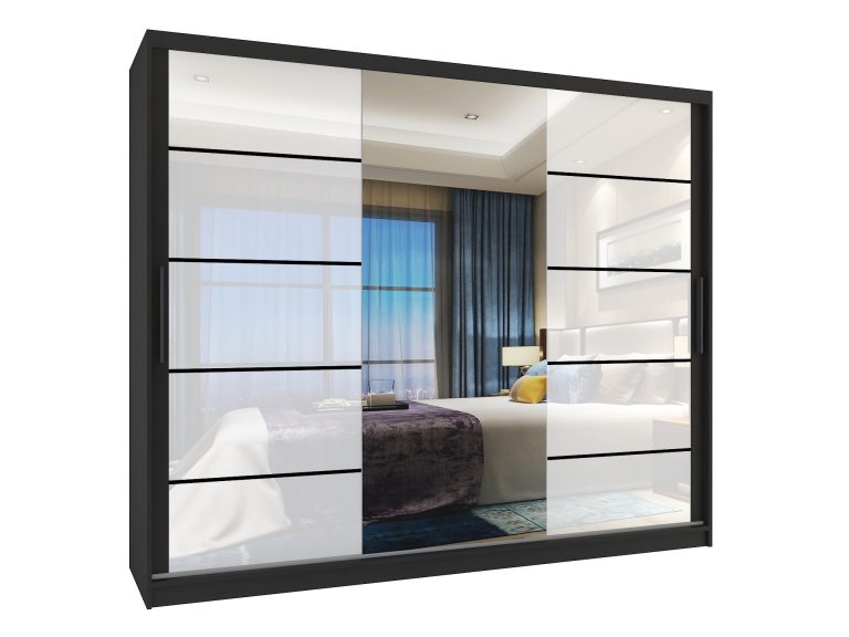 Armadio 235 cm Belini nero opaco / bianco lucido con ante scorrevoli a specchio e cassetti Produttore MGB SZP8/0/B/2W1L/KLP
