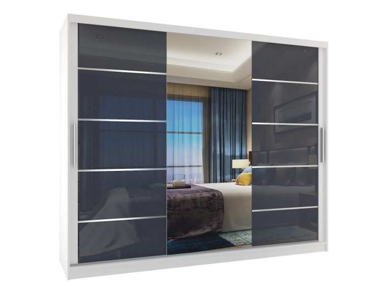 Armadio 235 cm Belini bianco opaco / grigio lucido con ante scorrevoli a specchio e cassetti Produttore MGB SZP8/0/W/2S1L/KLAL
