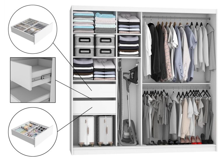 Armadio 200 cm Belini bianco opaco con ante scorrevoli a specchio e cassetti Produttore MBP SZP5/1/W/W/0/KLAL