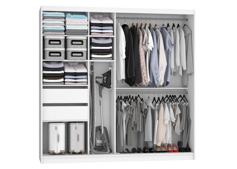 Armadio 200 cm Belini bianco opaco con ante scorrevoli a specchio e cassetti Produttore MBP SZP5/1/W/W/0/KLAL