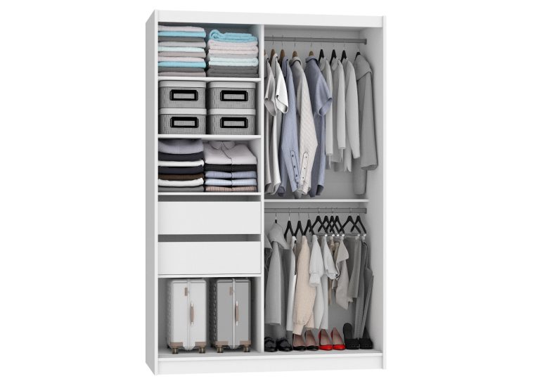 Armadio 133 cm Belini bianco opaco / rovere wotan con ante scorrevoli a specchio e cassetti Produttore ME SZP6/1/W/DW/0/KLAL