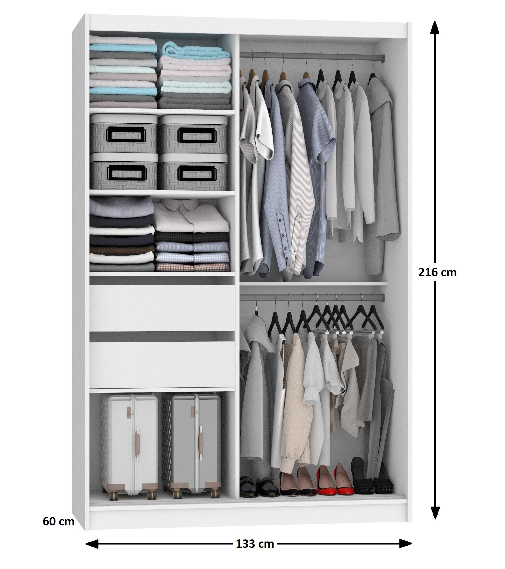 Armadio 133 cm Belini bianco opaco / rovere wotan con ante scorrevoli a specchio e cassetti Produttore ME SZP6/1/W/DW/0/KLAL