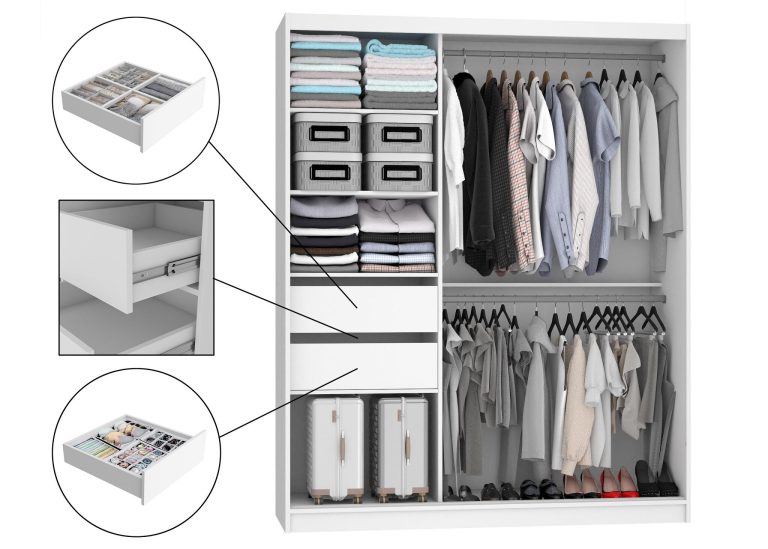 Armadio 158 cm Belini bianco opaco con ante scorrevoli a specchio e cassetti Produttore MBP SZP7/0/W/W/0/KLAL