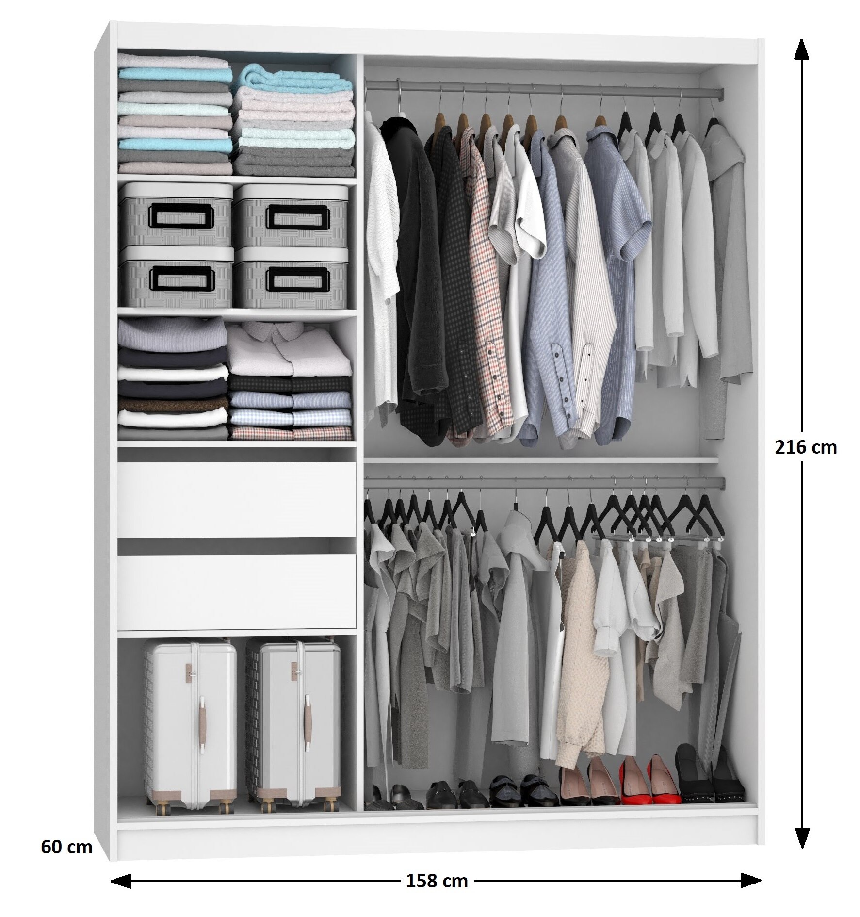 Armadio 158 cm Belini bianco opaco con ante scorrevoli a specchio e cassetti Produttore MBP SZP7/0/W/W/0/KLAL