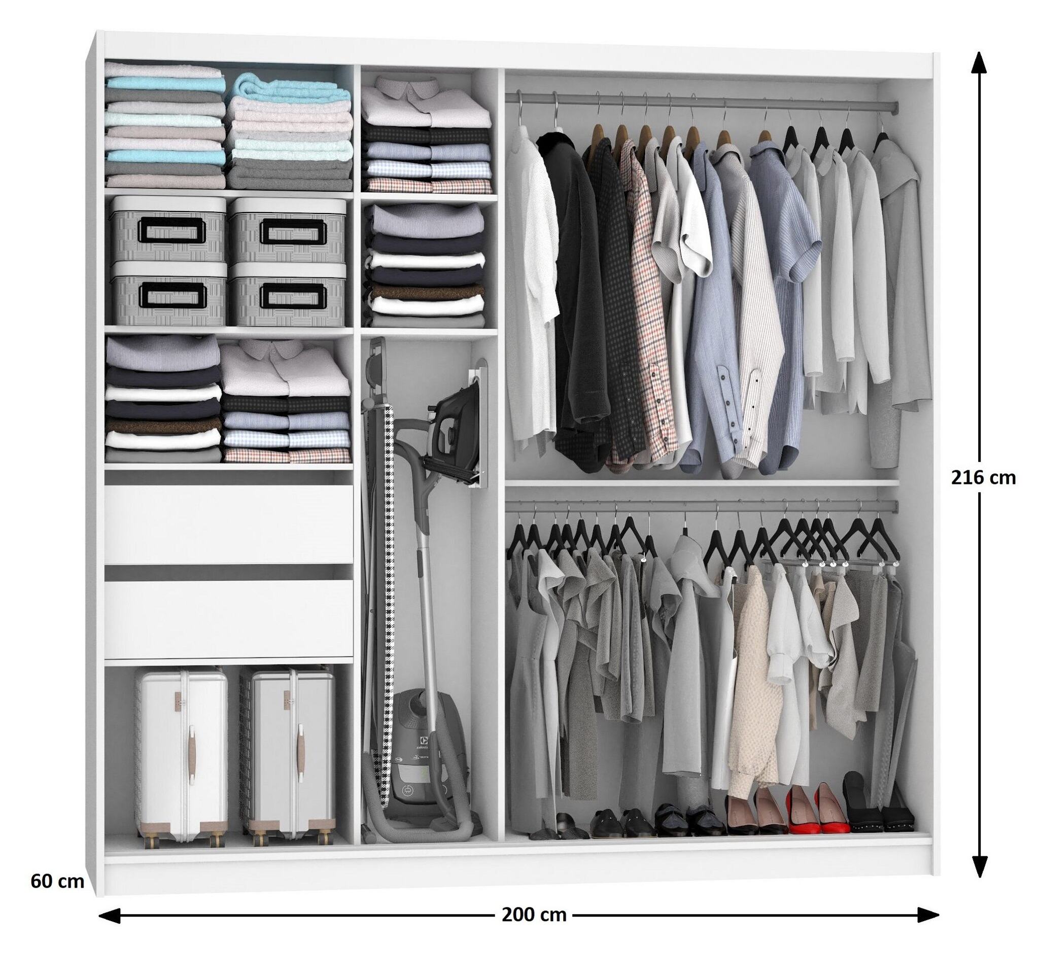 Armadio 200 cm Belini bianco opaco con ante scorrevoli a specchio e cassetti Produttore MBP SZP5/1/W/W/0/KLAL