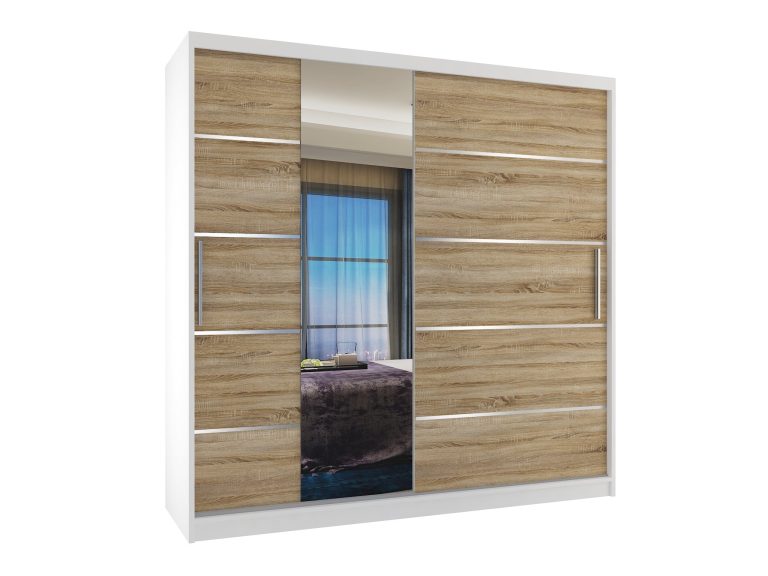 Armadio 200 cm Belini bianco opaco / rovere sonoma con ante scorrevoli a specchio e cassetti Produttore MBP SZP5/1/W/DS/0/KLAL

