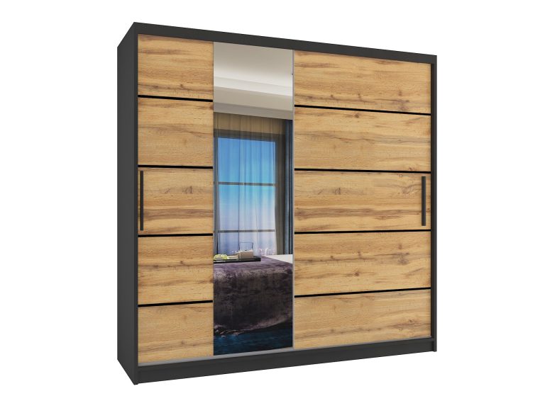 Armadio 200 cm Belini nero opaco / rovere wotan con ante scorrevoli a specchio e cassetti Produttore MBP SZP5/1/B/DW/0/KLP


