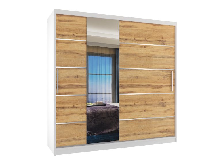 Armadio 200 cm Belini bianco opaco / rovere wotan con ante scorrevoli a specchio e cassetti Produttore MBP SZP5/1/W/DW/0/KLAL