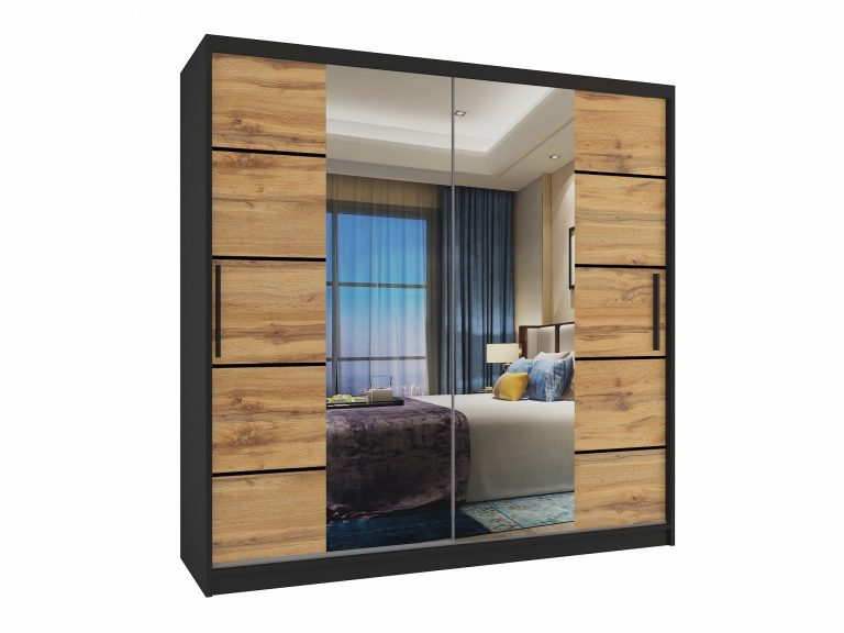 Armadio 200 cm Belini nero opaco / rovere wotan con ante scorrevoli a specchio e cassetti Produttore ME SZP5/1/B/DW/0/KLP