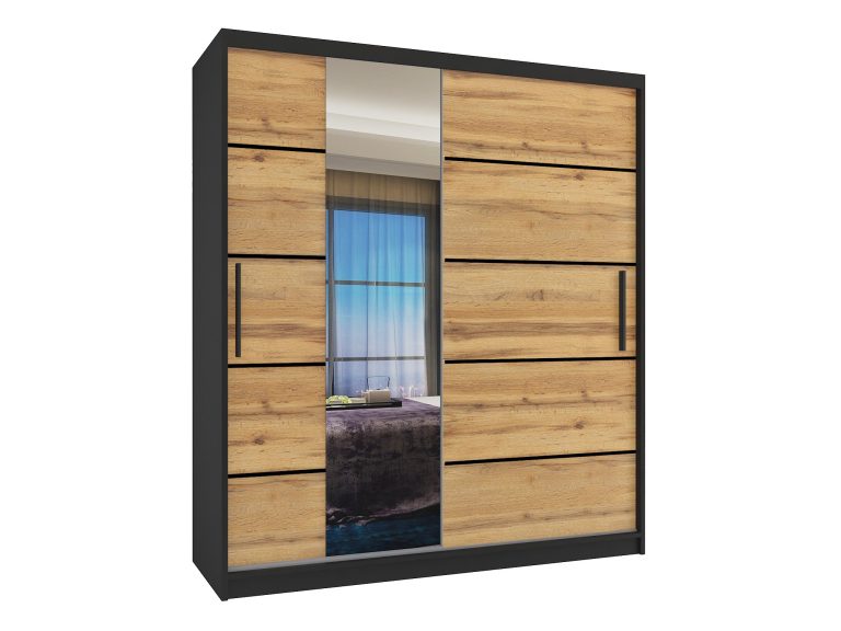 Armadio 133 cm Belini nero opaco / rovere wotan con ante scorrevoli a specchio e cassetti Produttore MBP SZP6/1/B/DW/0/KLP