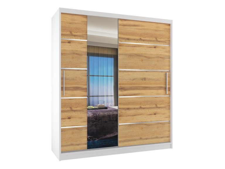 Armadio 133 cm Belini bianco opaco / rovere wotan con ante scorrevoli a specchio e cassetti Produttore MBP SZP6/1/W/DW/0/KLAL