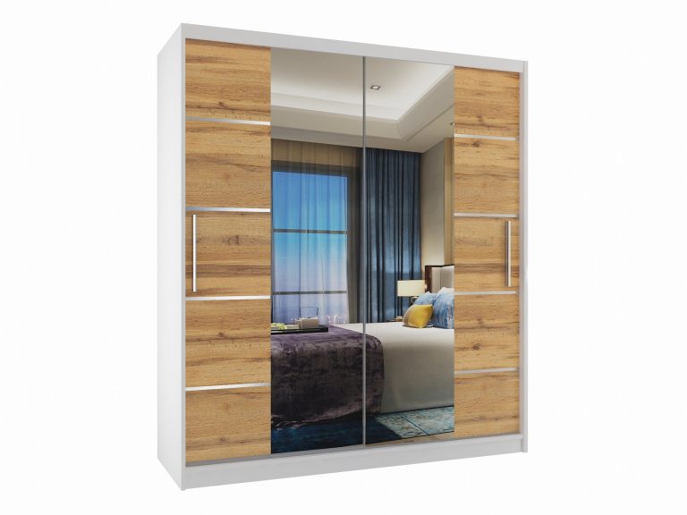 Armadio 133 cm Belini bianco opaco / rovere wotan con ante scorrevoli a specchio e cassetti Produttore ME SZP6/1/W/DW/0/KLAL
