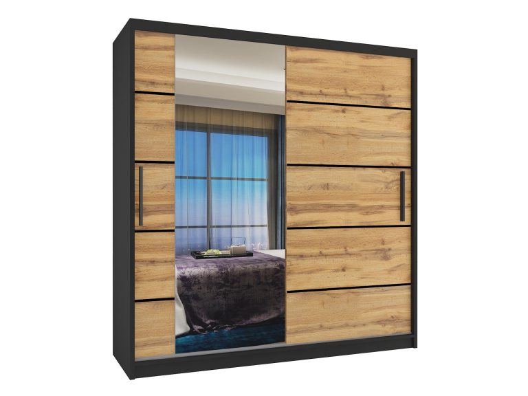 Armadio 158 cm Belini nero opaco / rovere wotan con ante scorrevoli a specchio e cassetti Produttore MBP SZP7/0/B/DW/0/KLP