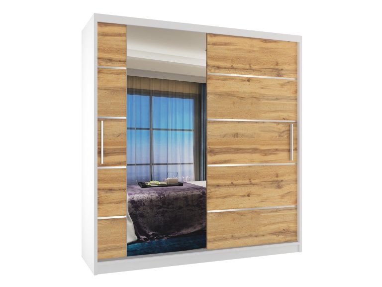 Armadio 158 cm Belini bianco opaco / rovere wotan con ante scorrevoli a specchio e cassetti Produttore MBP SZP7/0/W/DW/0/KLAL