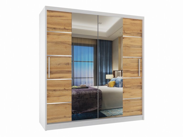 Armadio 158 cm Belini bianco opaco / rovere wotan con ante scorrevoli a specchio e cassetti Produttore ME SZP7/0/W/DW/0/KLAL