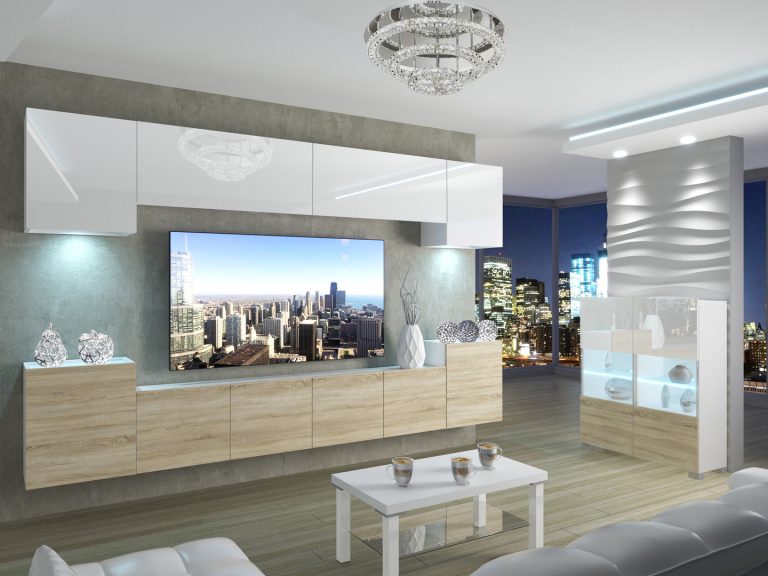 Parete attrezzata 300 cm Belini bianco lucido / rovere sonoma Imperium 4 Produttore IMP 4/5/W/WDS/0/0