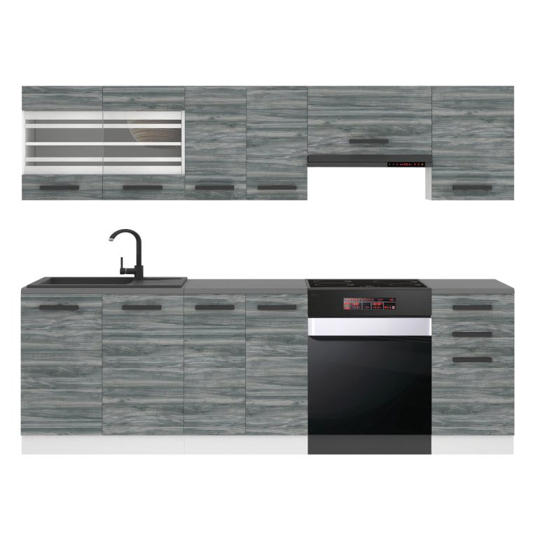 Belini Cucina Premium 240 cm Grigio Antracite Glamour Wood con piano di lavoro LILY Produttore TOR LILY/0/WT/GW/B/B1