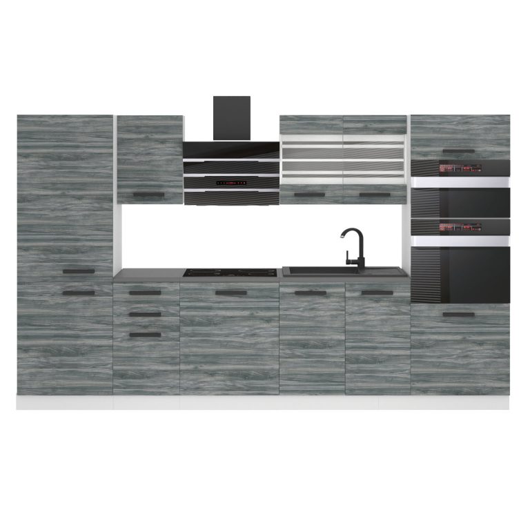 Belini Cucina Premium 300 cm Grigio Antracite Glamour Wood con piano di lavoro MILA Produttore TOR MILA/0/WT/GW/B/B1