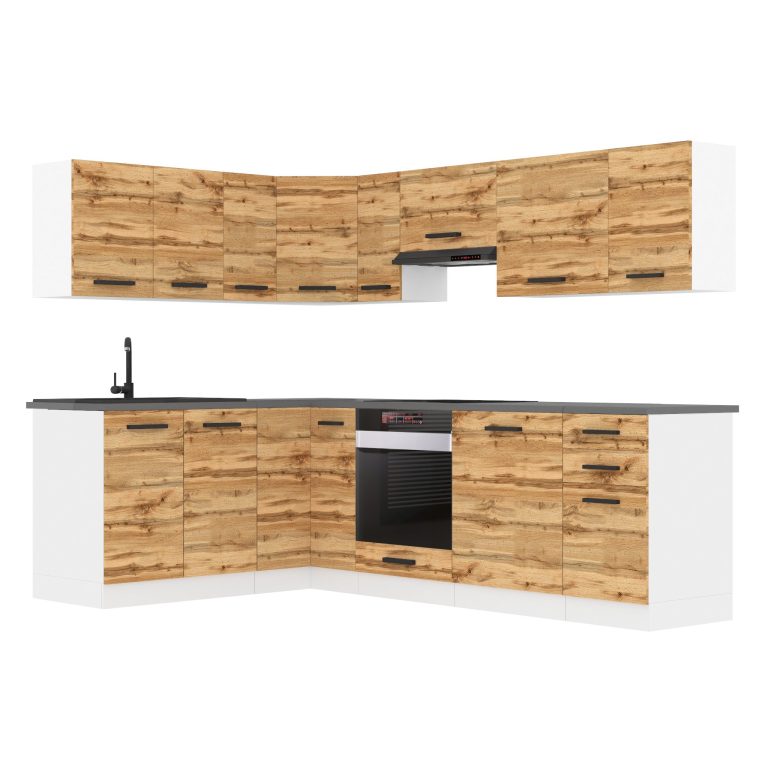 Belini Cucina angolare Premium 420 cm rovere Wotan con piano di lavoro JANET Produttore TOR JANET/0/WT/DW/B/B1