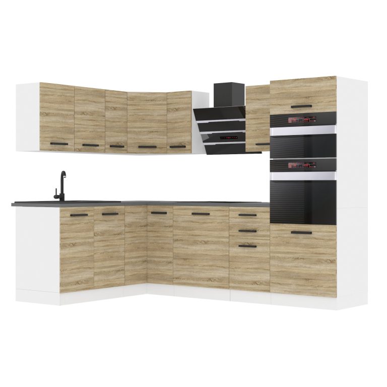 Belini Cucina angolare Premium 420 cm Piano di lavoro in rovere Sonoma MELANIE Produttore TOR MELANIE/0/WT/DS/B/B1