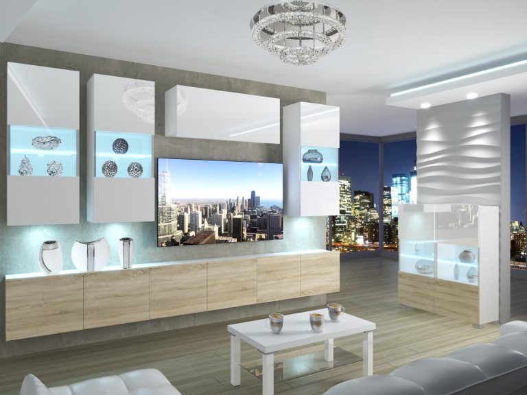 Parete attrezzata 300 cm Belini bianco lucido / rovere sonoma Imperium 5 Produttore IMP 5/5/W/WDS/0/0