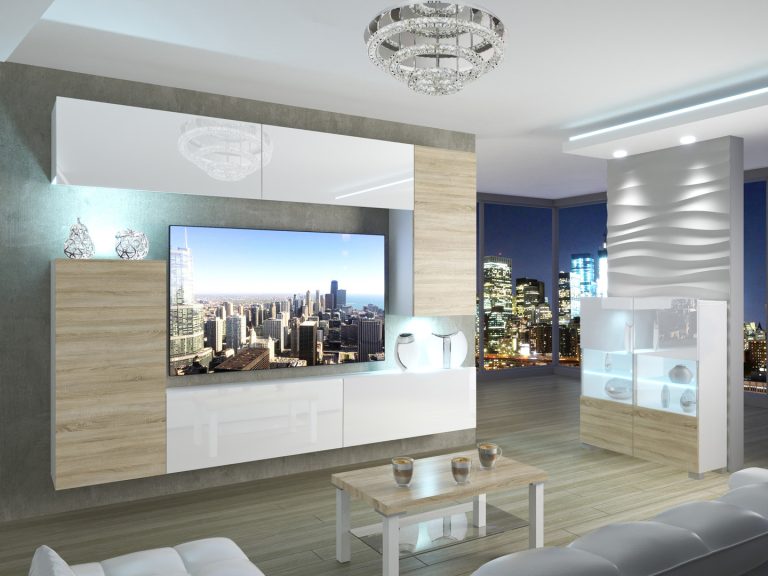 Parete attrezzata 250 cm Belini bianco lucido / rovere sonoma Imperium 8 Produttore IMP 8/5/W/WDSDSW/0/0