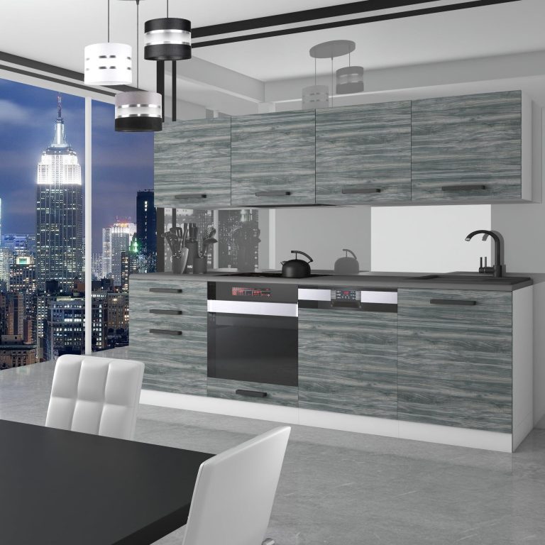 Belini Cucina Premium 240 cm Grigio Antracite Glamour Wood con piano di lavoro ALICE Produttore TOR ALICE/0/WT/GW/B/B1