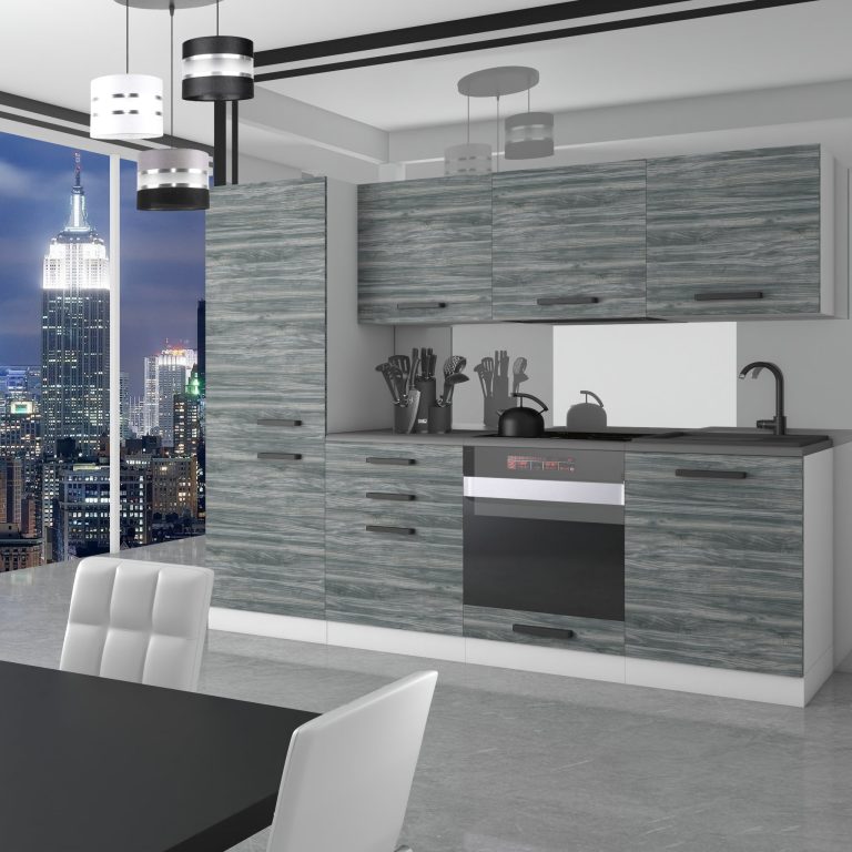 Belini Cucina Premium 240 cm Grigio Antracite Glamour Wood con piano di lavoro SANDY Produttore TOR SANDY/0/WT/GW/B/B1