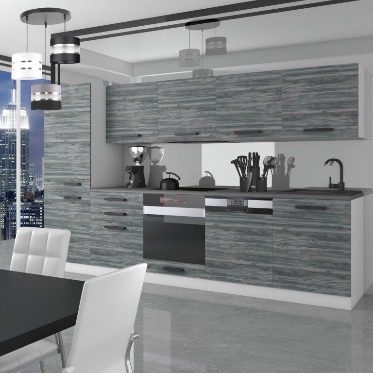 Belini Cucina Premium 300 cm Grigio Antracite Glamour Wood con piano di lavoro ROSE Produttore TOR ROSE/0/WT/GW/B/B1