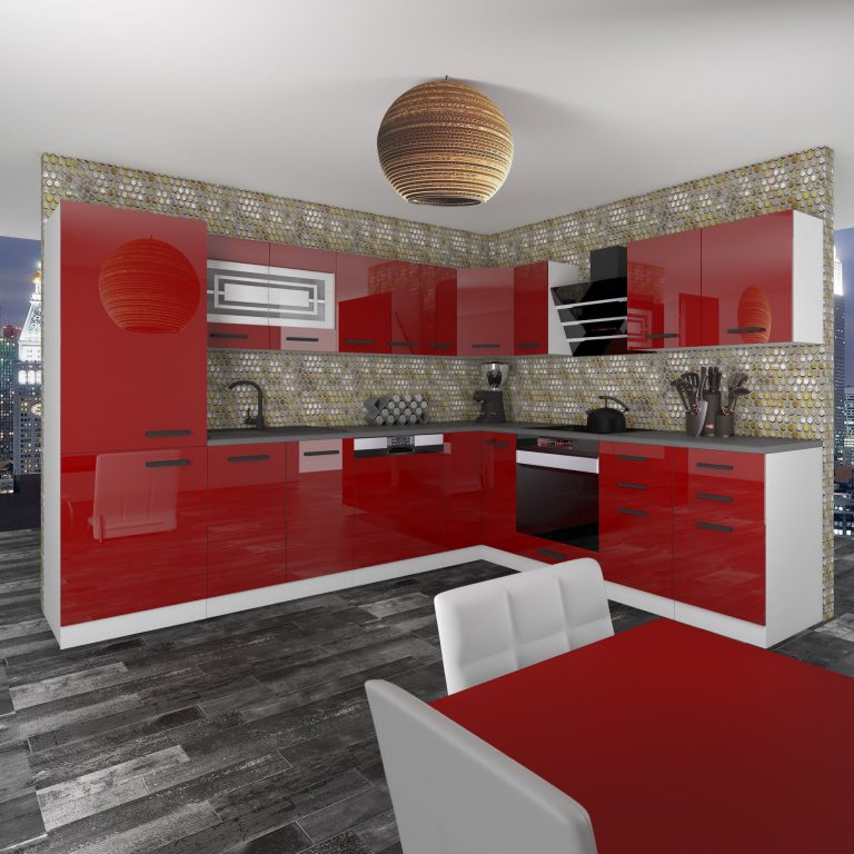 Belini Cucina angolare Premium 520 cm rosso lucido senza piano di lavoro JULIE Produttore INF JULIE/0/WT/R/0/B1
