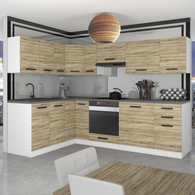 Belini Cucina angolare Premium 420 cm rovere Sonoma senza piano di lavoro JANET Produttore TOR JANET/0/WT/DS/0/B1
