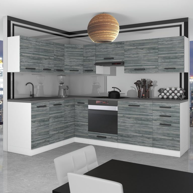 Belini Cucina angolare Premium 420 cm Grigio Antracite Glamour Wood senza piano di lavoro JANET Produttore TOR JANET/0/WT/GW/0/B1
