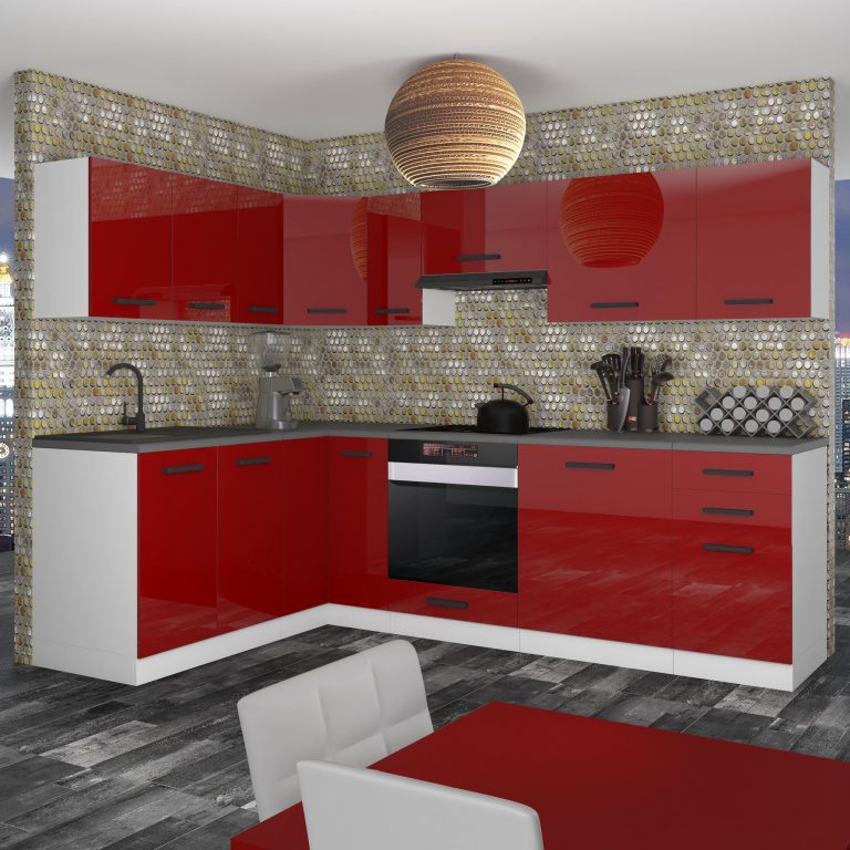 Belini Cucina angolare Premium 420 cm rosso lucido senza piano di lavoro JANET Produttore INF JANET/0/WT/R/0/B1