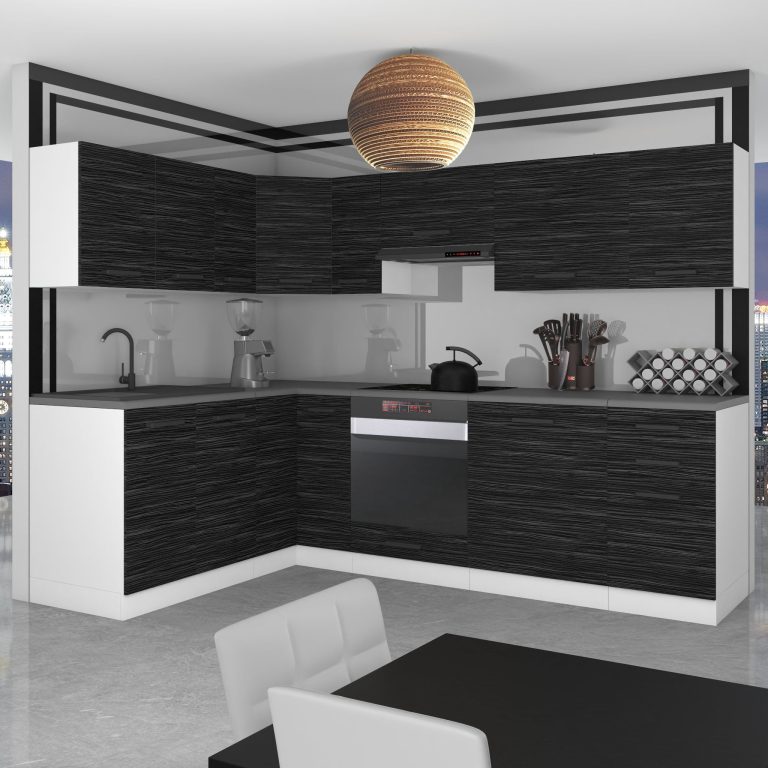 Belini Cucina angolare Premium 420 cm royal ebony con piano di lavoro JANET Produttore TOR JANET/0/WT/HK/B/B1