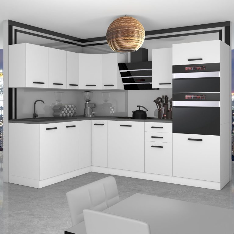 Belini Cucina angolare Premium 420 cm bianco opaco senza piano di lavoro MELANIE Produttore TOR MELANIE/0/WT/WT/0/B1