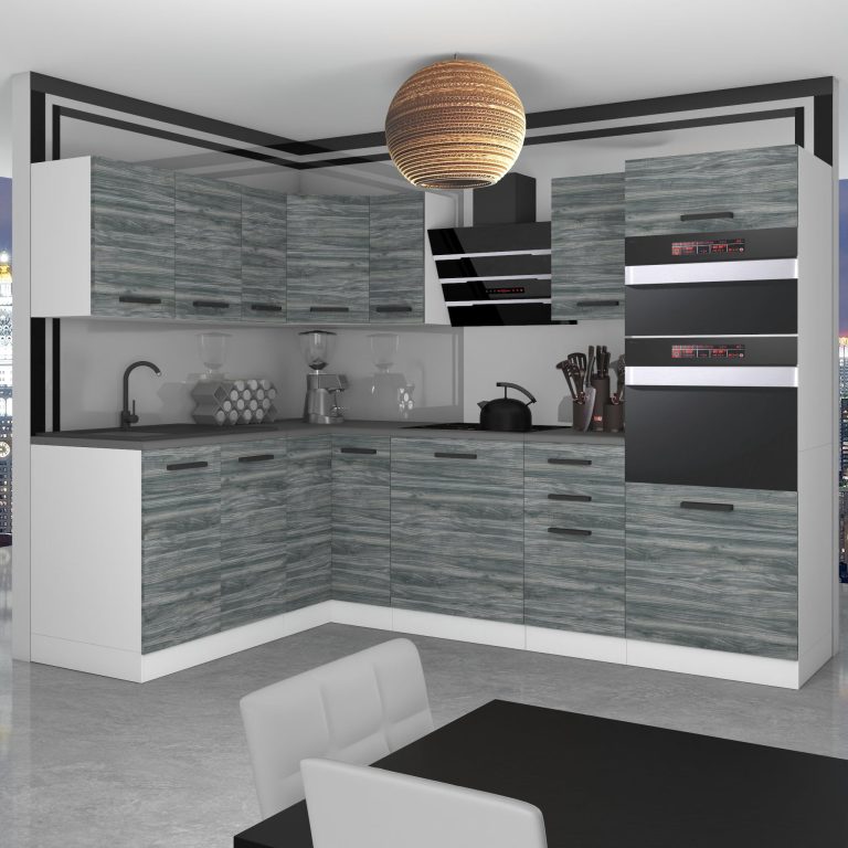 Belini Cucina angolare Premium 420 cm Grigio Antracite Glamour Wood senza piano di lavoro MELANIE Produttore TOR MELANIE/0/WT/GW/0/B1