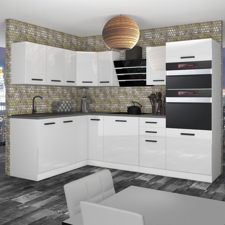 Belini Cucina ad angolo Premium 420 cm bianco lucido senza piano di lavoro MELANIE Produttore INF MELANIE/0/WT/W/0/B1