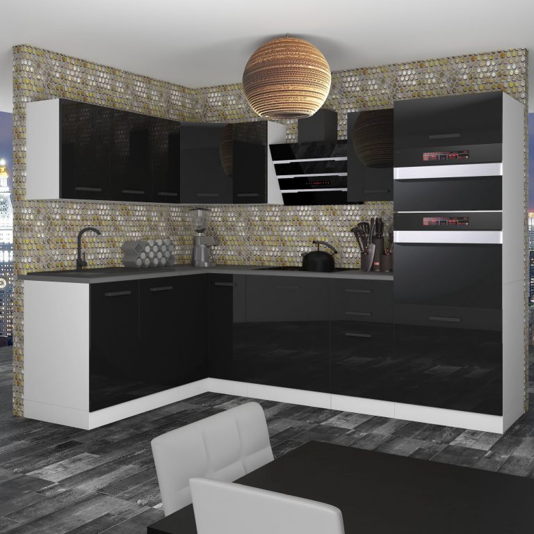 Belini Cucina angolare Premium 420 cm nero lucido senza piano di lavoro MELANIE Produttore INF MELANIE/0/WT/B/0/B1